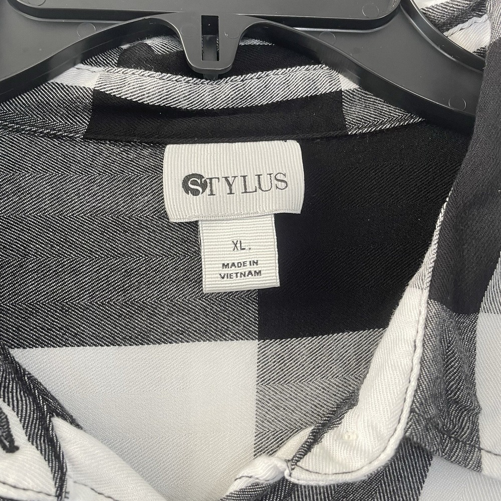 Stylus Plaid Button Down Shirt Womens XL Black White‎ Rayon Buffalo Check - Picture 8 of 8